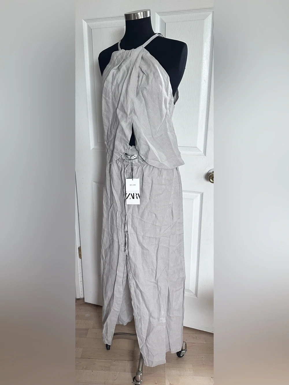NWT ZARA 100% Linen Gray Wide-Leg Pants with crystal ends size Large